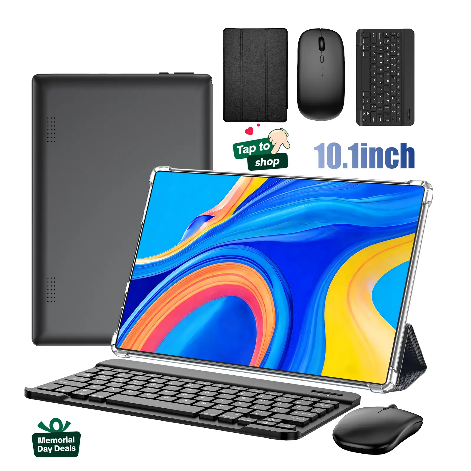 【TikTokShopMemorialday】10.1" Android 15, 64GB ROM, Tablet with Keyboard, Stylus, Mouse & Case，Dual Camera,6000mAh Battery backtoschool