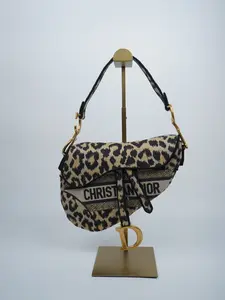 Pre-owned Dior canvas Shoulder Bags Christian Mizza Embroidered Leopard Saddle Bag