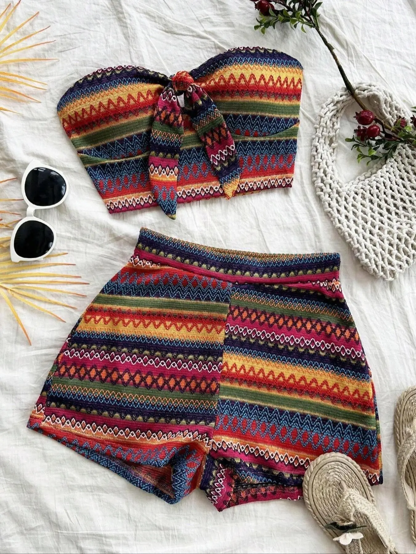 2-Piece Women's Knitted Rainbow Striped Strapless Top & High Waisted Shorts Set, Colorful Boho Print, Casual Summer Outdoor Wear