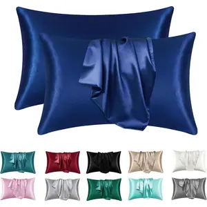 Satin Silk Pillowcases for Skin and Hair,Set of 2 Satin Pillow Cases for Women with Envelope Closure,Soft Breathable Smooth Cooling Silk Pillow Covers for Gifts,Navy,Standard (20" x 26")