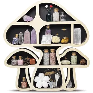Wooden Mushroom Floating Shelves, Crystal Display Shelf for Wall, Cute Mushroom Wall Decor, Rock Gem Stone Storage Organizer, Essential Oil Holder Hanging Case, Meditation Art Spiritual GiftVelvet Bloom15