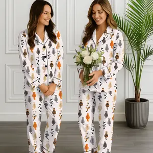 Women's Cute Cat Print Pajama Set, Long Sleeve Lapel Top & Elastic Pants, Comfortable Fall Winter Sleepwear, Casual Home Wear