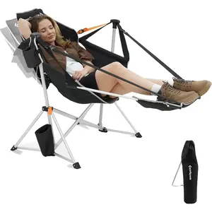 KingCamp Hammock Chair with Removable Footrest – 400lbs Heavy Duty Beach Chair, Instant Setup, Adjustable Recline, Pillow, 6-Point Stability, Folding Portable Rocker with Cup Holder for Outdoor Lawn RV