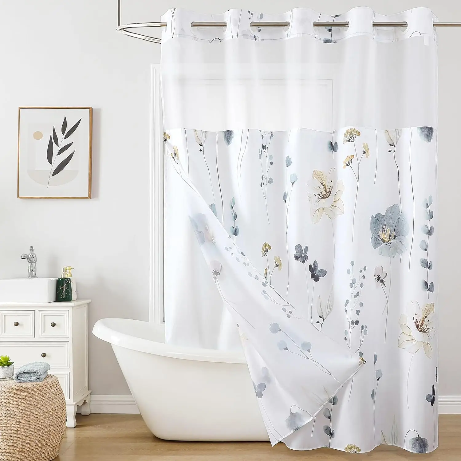 QiyI Flower Shower with Snap in Liner, Grey Watercolor Floral Cloth Bath Curtains, No Hook Shower Curtains with Mesh Top Window, Waterproof Set, 72 x 75 Inch