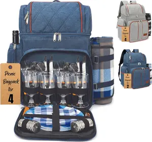 Rnoony Picnic Backpack for Camping, Picnic Basket for 4 with Insulated Cooler Bag and Bottle Pouch, Picnic Bag with Lightweight Blanket