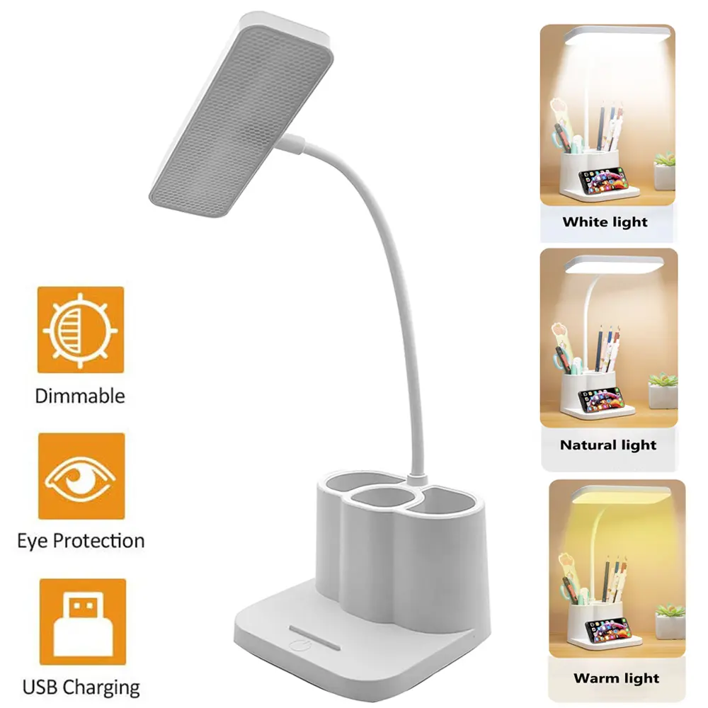 Rechargeable LED Desk Lamp with Color Changing Light - Battery-Operated, Small Dimmable Table Light with Flexible Gooseneck, Touch Control, Pen Holder, Phone Mount for Home Office