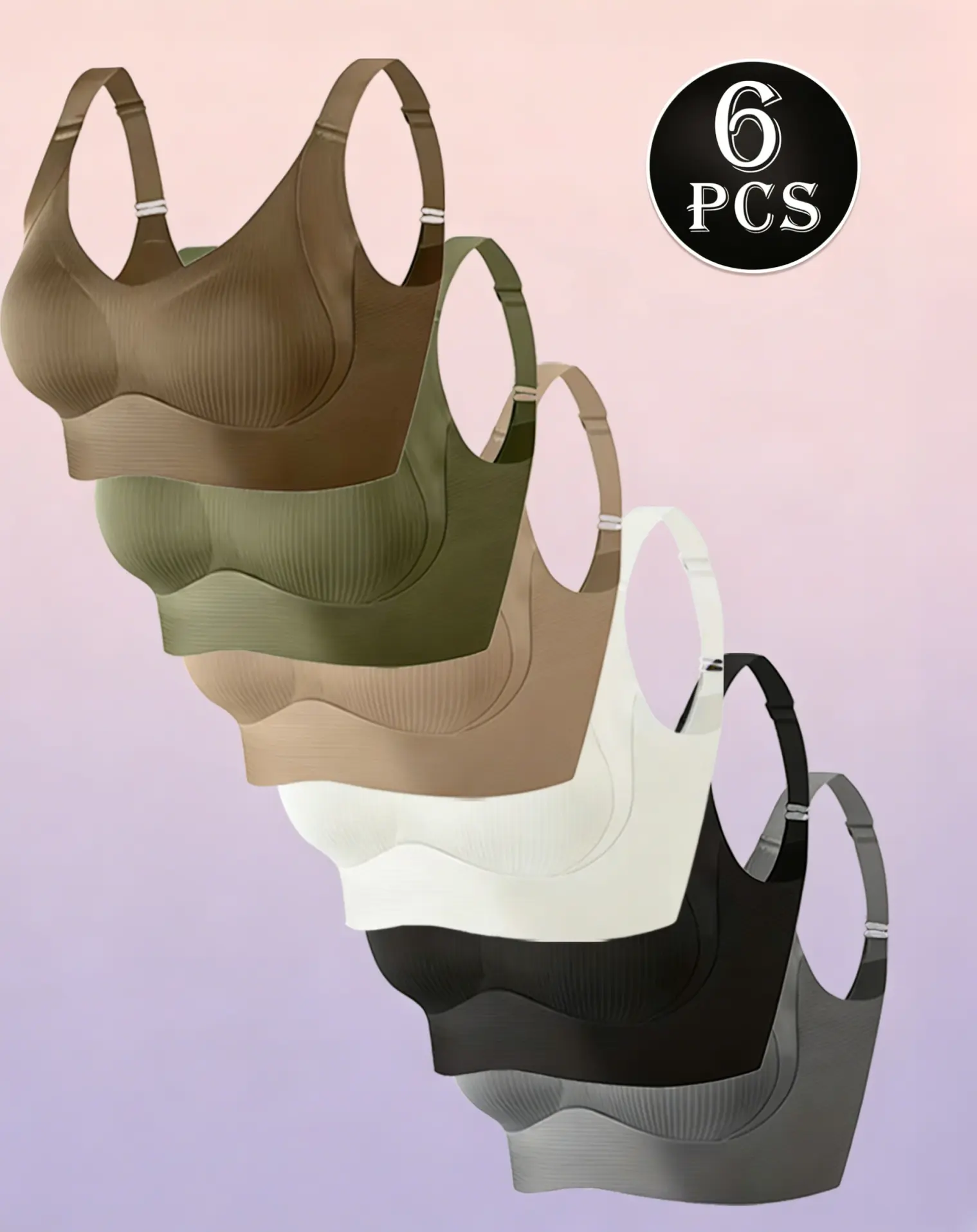 Women's Wireless Bras 6-Pack, Seamless Ribbed Push Up Design, Comfortable Basic Everyday Lingerie with an Adjustable Fit, Adjustable Fit Everyday Bras, Push Up Padded, All-Day Everyday Bras