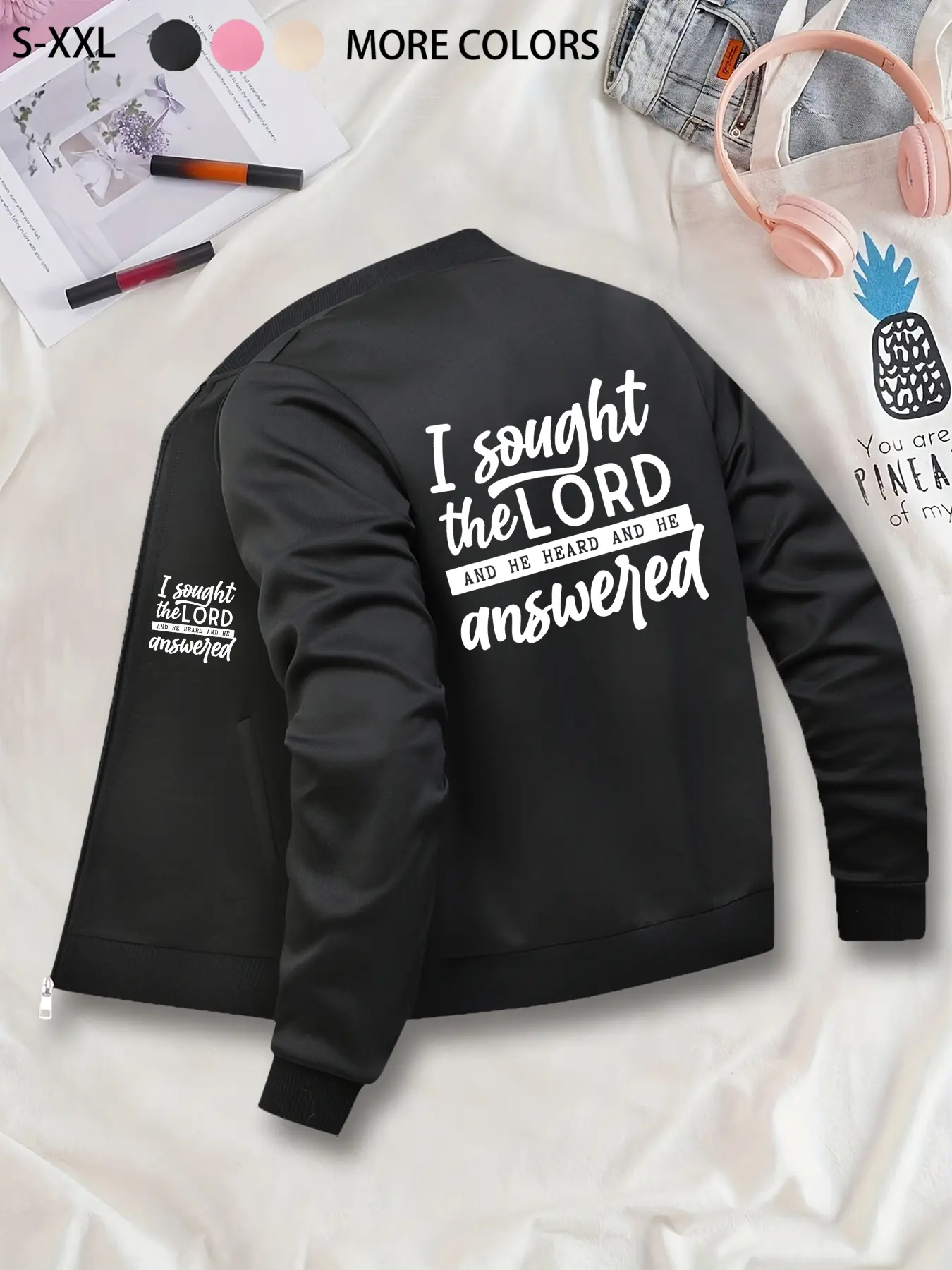 Christian Faith Themed Bomber Jacket - Fleece-Lined Stylish Soft Casual Graphic Jacket, Casual Fashionable Outerwear for Autumn & Winter, Zip-Up, Stand Collar, Polyester Knit Fabric, Fitted Design, Pocket Detail, Coats