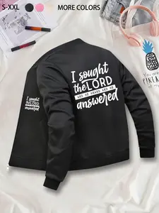 Christian Faith Themed Bomber Jacket - Fleece-Lined Casual Jacket for Autumn & Winter, Zip-Up, Stand Collar, Polyester Knit Fabric, Fitted Design, Pocket Detail.