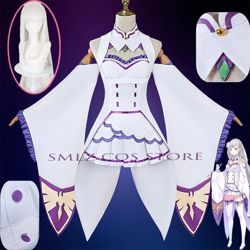 Emilia Cosplay Anime Re Zero Kara Hajimeru Isekai Seikatsu Costumes White Uniform Dress Wig Set Halloween Party Outfit for Woman