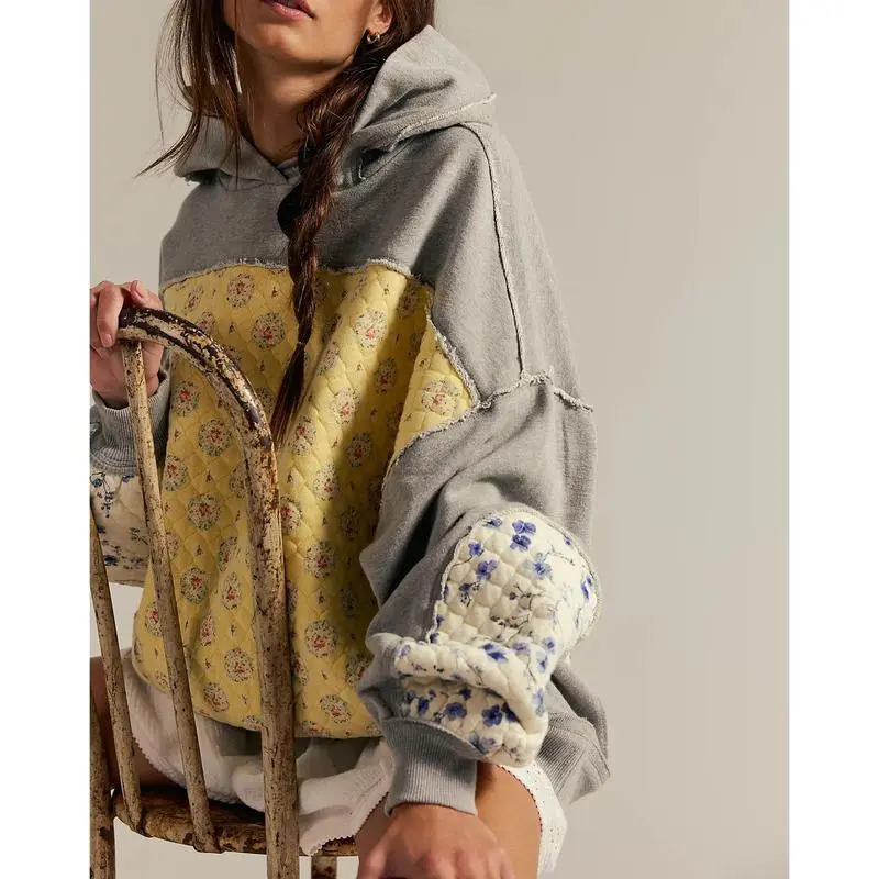 Women's Oversized Hoodies Patchwork Embroidered Long Sleeve Hooded Sweatshirts Pullover Tops with Pockets(gift)