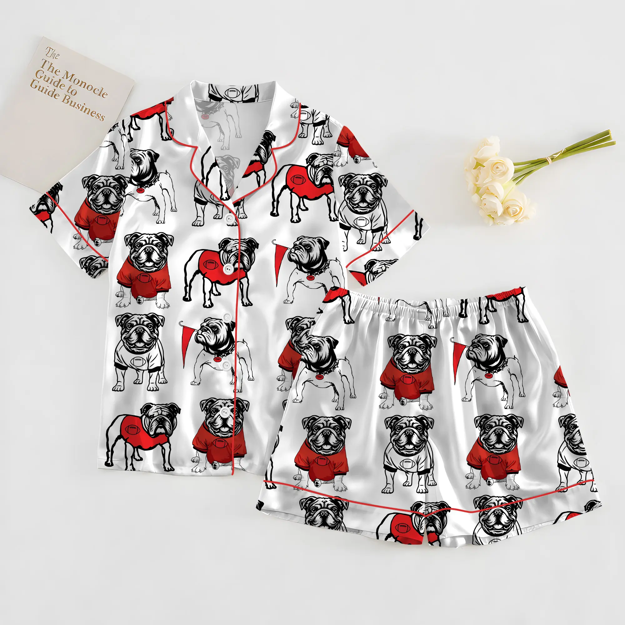Bulldogs Football Satin Pajama Set, Pitbull Pajamas Set, Women's Luxury Sleepwear