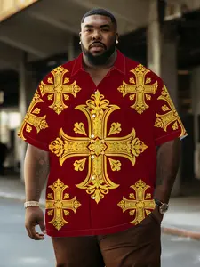 Men's Gold Cross Shirt, Vintage Religious Style, Loose-Fitting, All over Print, Casual Summer Wear, Breathable Daily Clothing