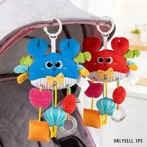 Baby Crib Hanging Toy, Plush Crab Rattle with Pull String, Mirror & Bell, Sensory Montessori Toy for 6+ Months, Crib Car Seat Stroller Toy