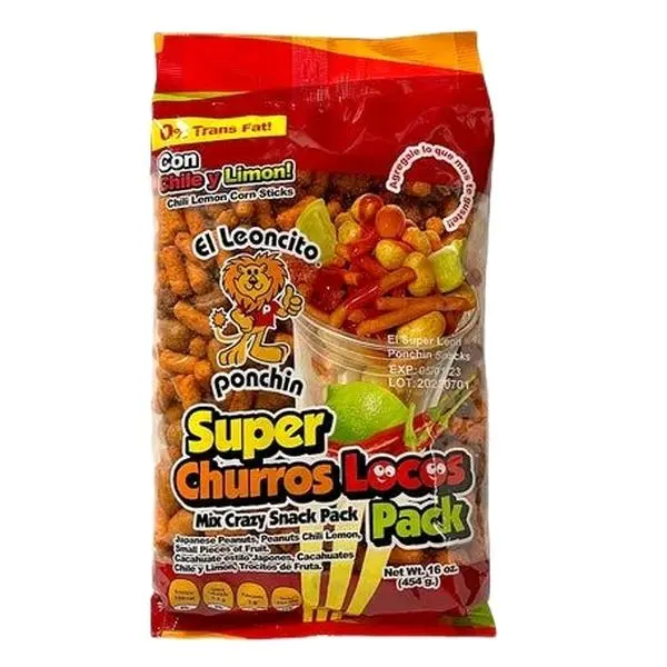 SUPER CHURROS LOCOS PACK - Mix Crazy Snack Pack With Japanese Peanuts, Peanuts Chili Lemon, and Small Pieces of Fruit / bag With 454g /