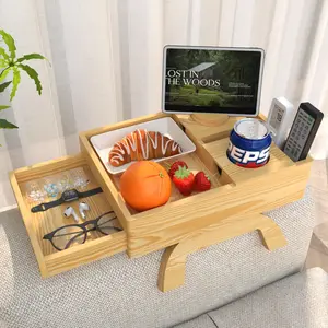 YOWOS 7-in-1 Sofa Arm Tray Table - 2-Tier Solid Pine Wood Couch Organizer with Hidden Drawer & 360° Rotating Tablet Stand - Foldable, Non-Slip Space-Saving Side Table for Drinks, Remotes & Snacks - Aesthetic Home Office & Living Room Decor