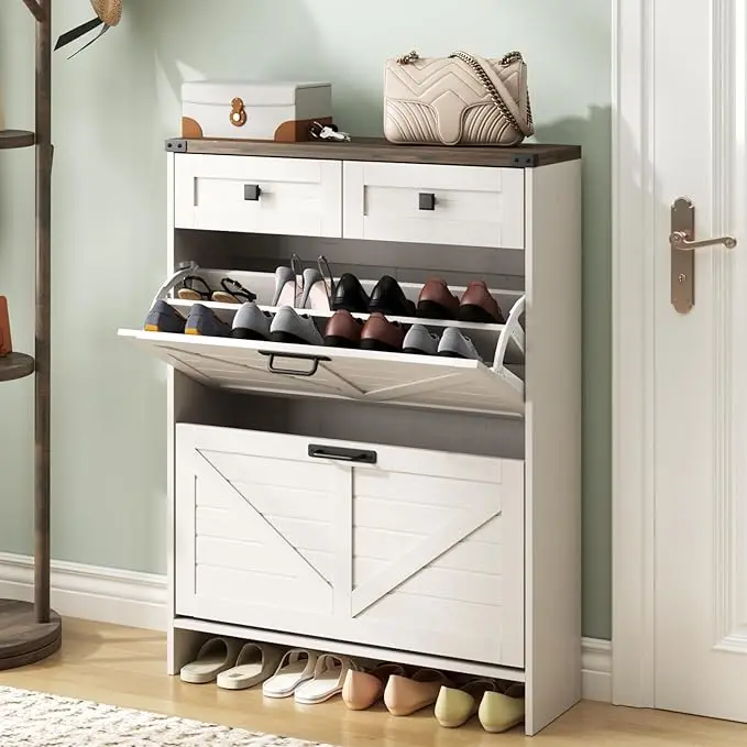 [Summergarden] Vabches Farmhouse Slim Shoe Cabinet - 2 Flip Drawers, 2 Storage Drawers, Freestanding with Legs, Cozy High-Quality Organizer for Entryway, Ideal Storage Solution