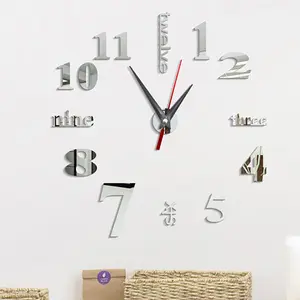 DIY Wall Clock without Battery, 1 Count Silvery 3D Number Wall Clock Stickers, Frameless Wall Clock