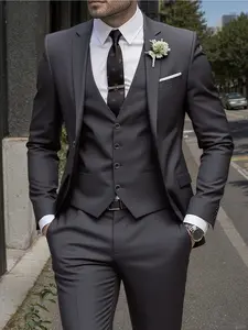 Men'S 3pcs Suit, Evening Formal Suit - Slim Fit Tuxedo Set for Weddings & Formal Occasions, Black Suit with White Long Sleeve Collared Shirt & Pants, Perfect for Office Meetings and Elegant Events, Formal Wear, Menswear|Slim Fit Suit