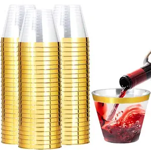 I00000 200PCS Gold Plastic Cups,10 oz Clear Plastic Cups with Gold Trim, Beer Mugs，Disposable Hard Cup For Party, Premium Cup Perfect for Wedding & Party