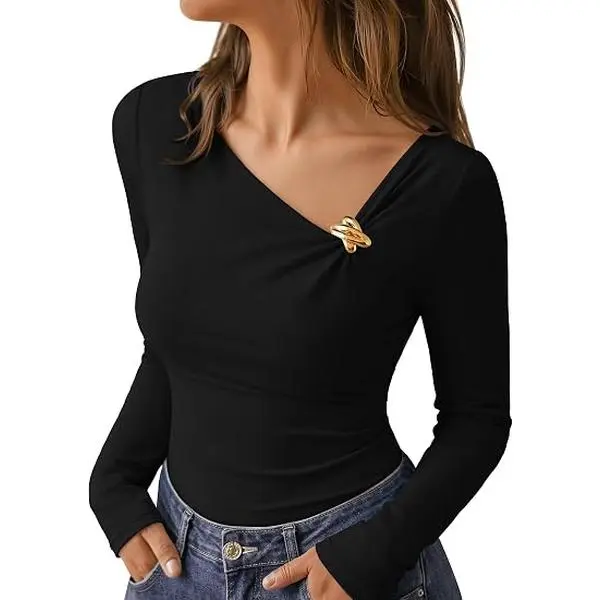 ZESICA Women's Asymmetrical Longsleeves Ruched Going Out Top - Slim Fit, Gold Buckle, Soft Knit Fabric, Business Casual Outfits, Chic Tops, Classy Going Out Style, College Bar Wear, Y2k Fall 2026 Fashion