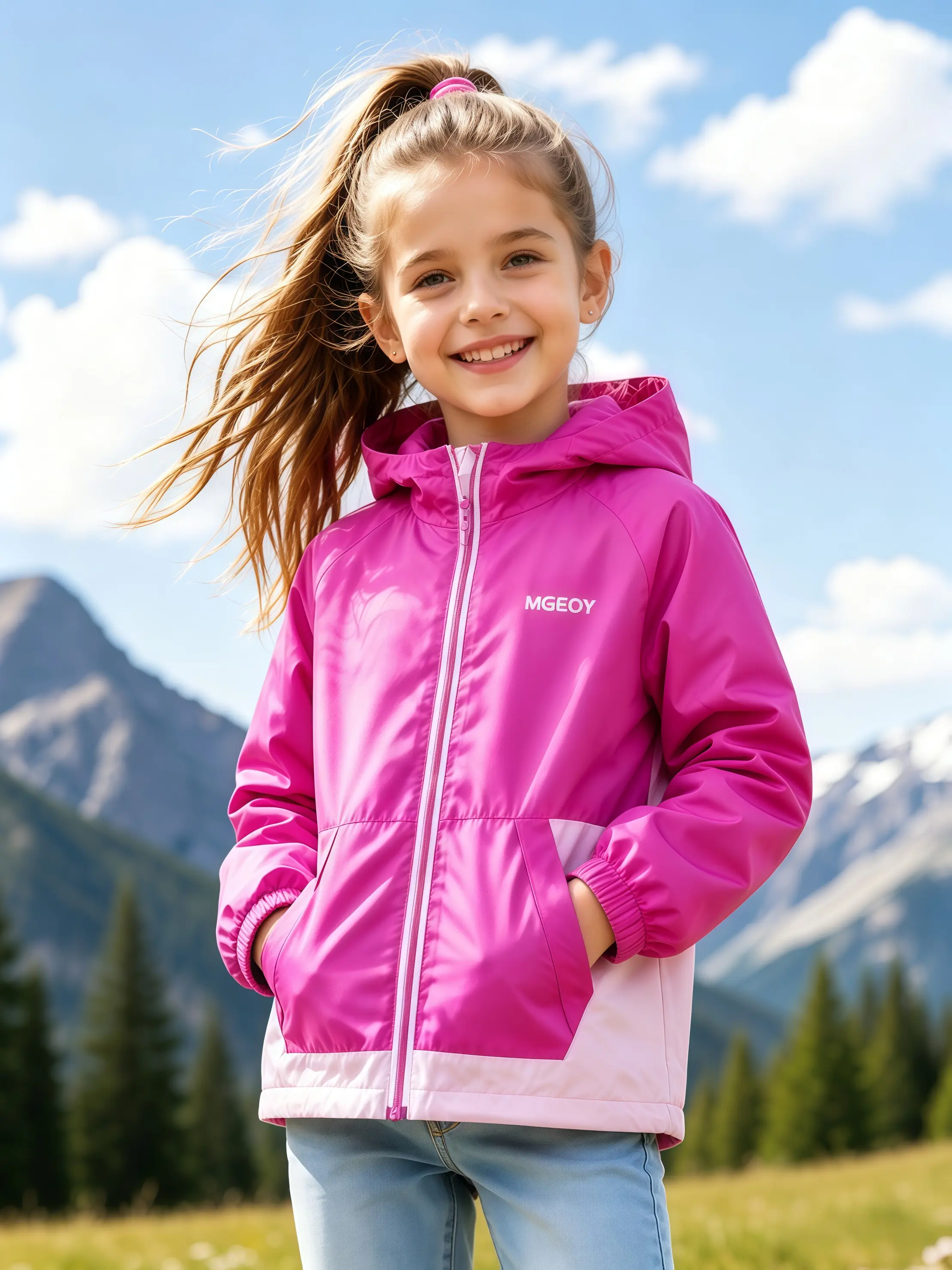 MGEOY Girls' Colorblock Polyester Hooded Zip-Up Rain Jacket - All Seasons Ultra-Light Waterproof Windbreaker with Knitting, Reflective Strips, Breathable Mesh Lining, Basic, Generous Design for Hiking, Climbing, Kids' Coats & Jackets, All Seasons Coats, L
