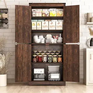 71in Farmhouse Cupboard Tall Storage Cabinet, Kitchen Pantry Storage Cabinet with 4 Barn Doors and Adjustable Shelves, Rustic Storage Cabinet for Kitchen,Bathroom,Living Room (Brown/White)