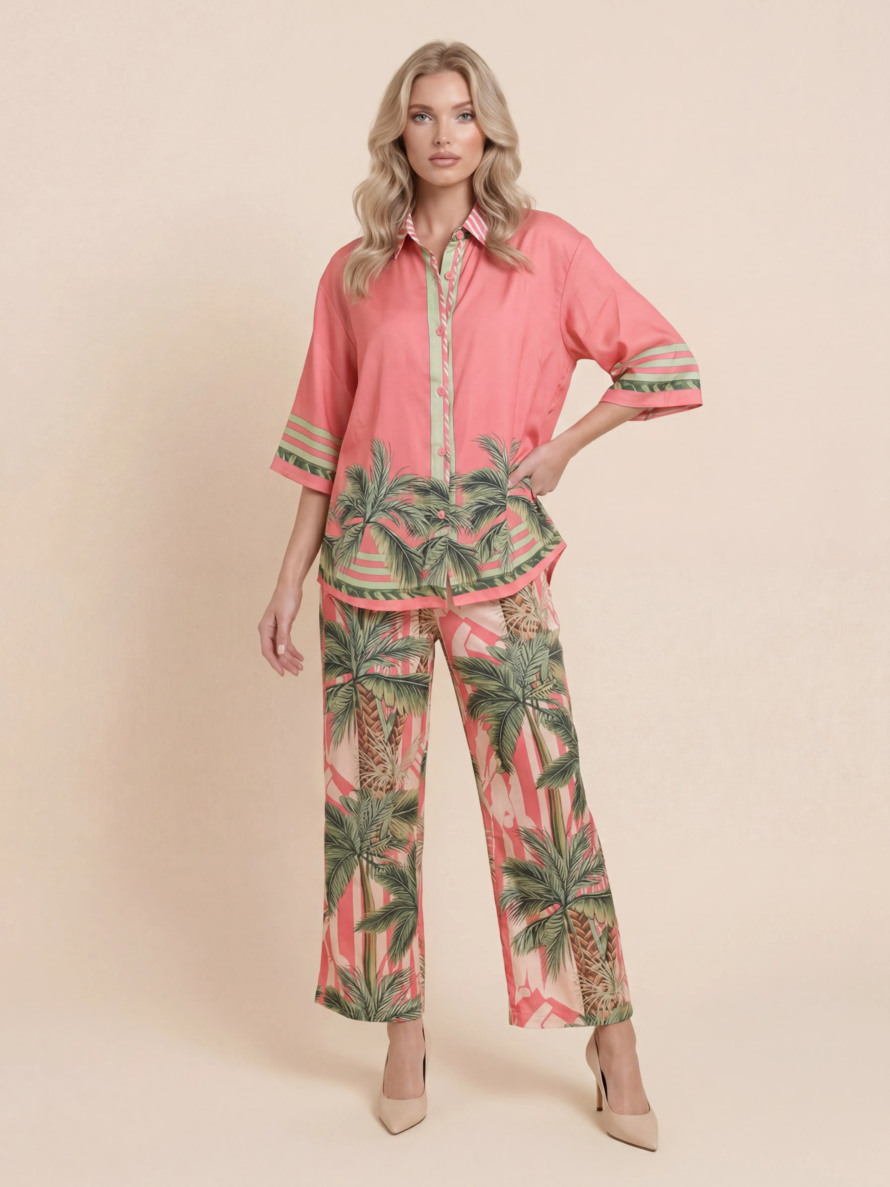 LikeMyChoice 2026 Women’s Tropical Print Co-Ord Set, Oversized Button-Up Shirt + High Waist Wide Leg Pants