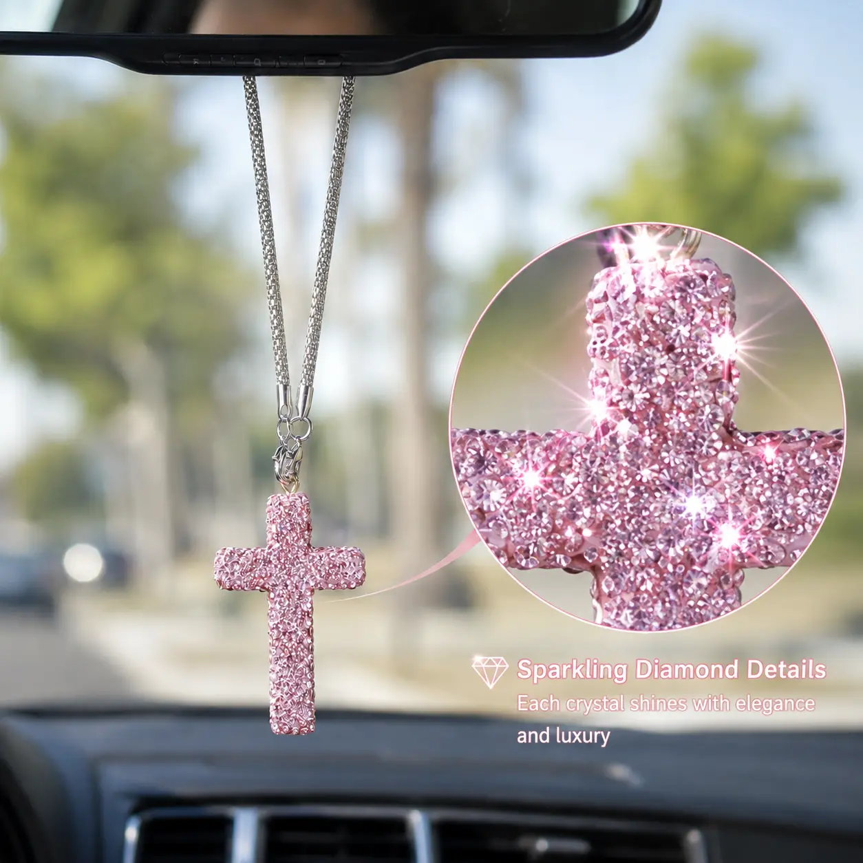 Rhinestone Cross Car Charm, Crystal Rearview Mirror Hanging Ornament, Bling Car Accessories, Cute Car Interior Decor for Women and Men,6 Color Options