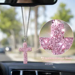Luxury Rhinestone Cross Car Hanging Ornament - Bling Crystal Rearview Mirror Charm for Auto Interior Decoration