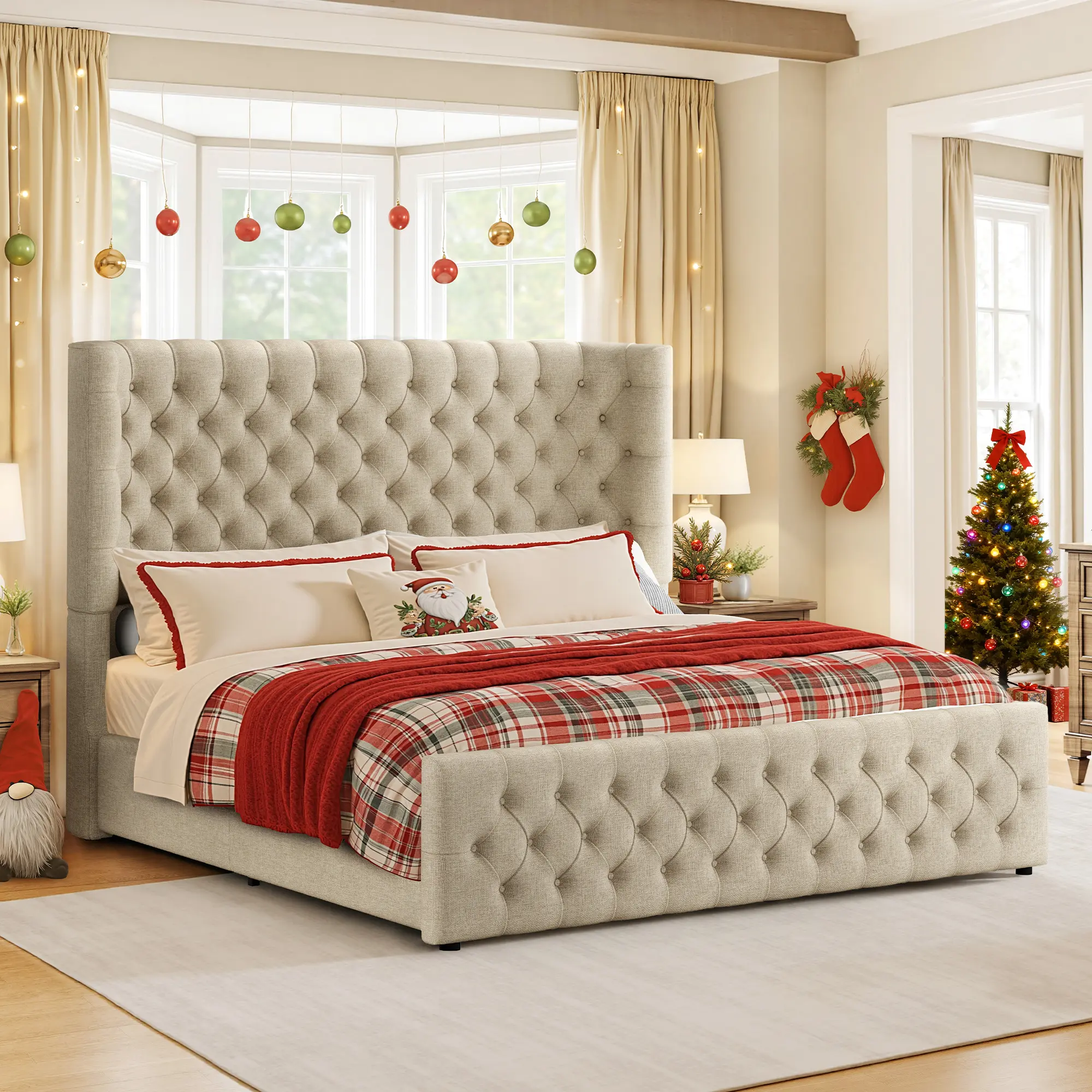 ALBOTT Upholstered Bed Frame with 6.3-Inch Curved Wingback Headboard, Tufted Footboard, Wood Slats, No Box Spring Needed, Khaki Linen/White/Black/Light Grey[tiktokshopbacktoschool][SohoChic]