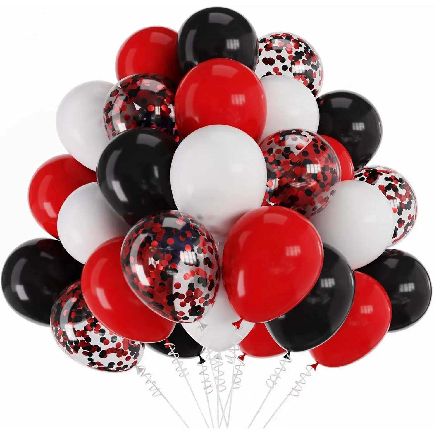 12-Inch Long-Lasting Durable Synthetic Latex & Confetti Balloons Set (60 Count) with Pump, Black Red White Stylish Color Combo, Easy to Blow Up Helium-Compatible for Birthday & Home Party Decor Supplies