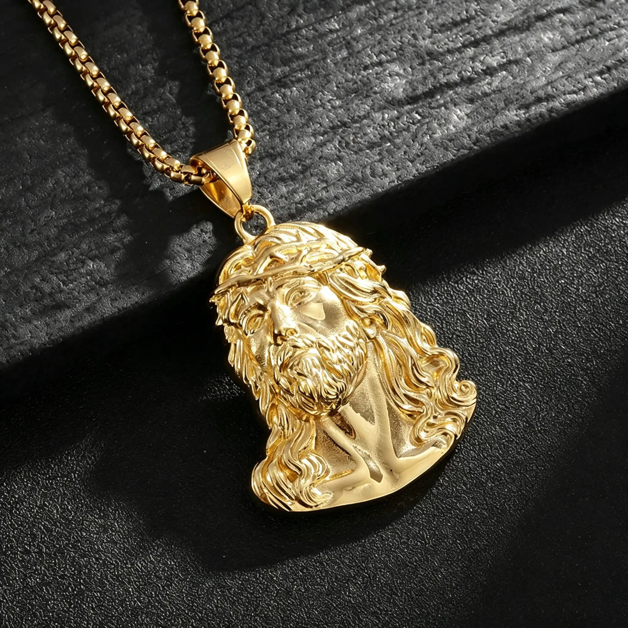18k Gold Plated Jesus Pendant Necklace for Men Hip Hop Jesus Necklace Stainless Steel with 3mm Box Chain, Religious Jewelry Gift