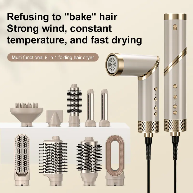 9-in-1 Foldable High-Speed Hot Air Comb Hair Tool - Wavy Thermal Brush Blowout Styling Kit with Interchangeable Automatic Styler, Heated Curler, US Plug (110V) for Easy Curls & Fast Drying, Hair Tools, Blowoutdryerbrush, Nylon, Pc, Unisex, Us Standard, 9