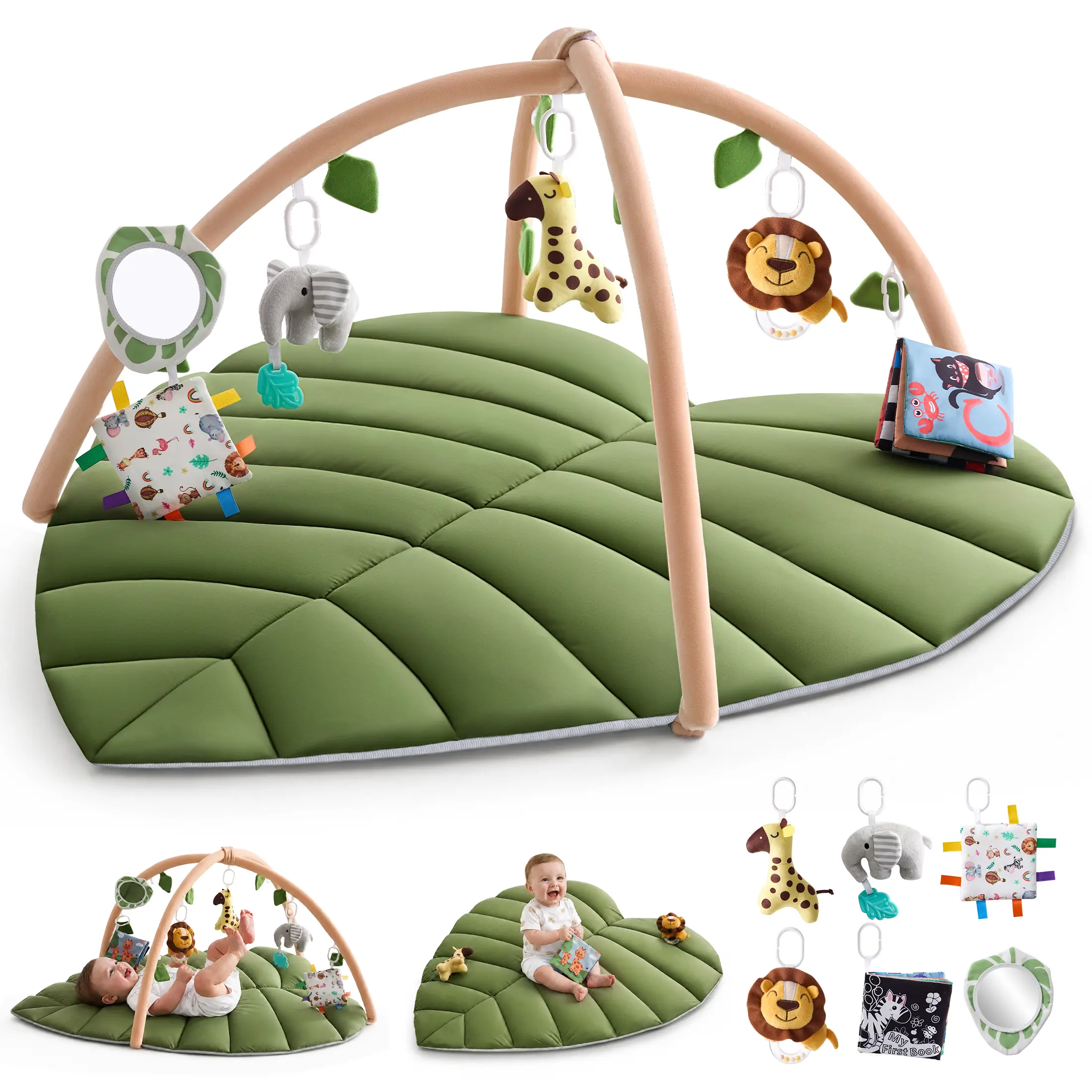 Harppa Baby Folia Play Gym - Leaf-Shaped Unisex Baby Activity Mat, Infant Play Mat with 6 Detachable Toys, Machine Washable Playmat for 0-36 Months Newborns & Toddlers (Tummy Time Use), Tummy Time Mat