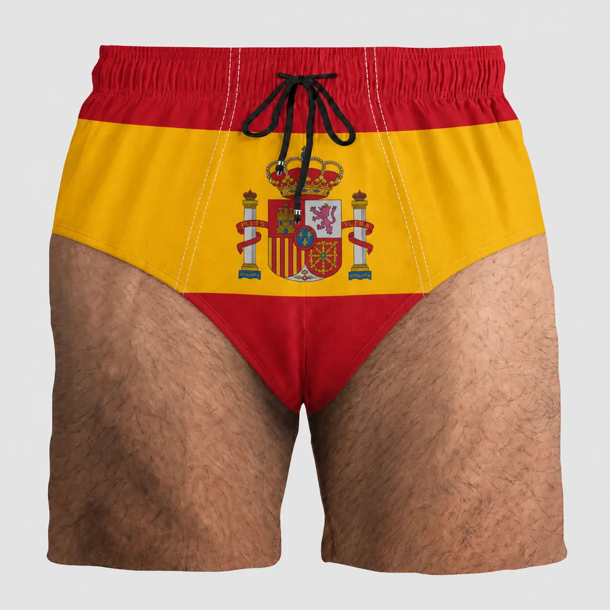 Spain Flag Funny Swim Shorts for Men Faux Hairy Legs Beach Board Shorts