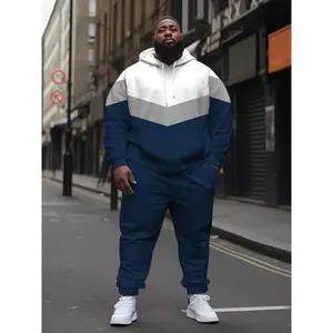 Aost-Effect 2pcs Plus Size Color Block Men's Casual Hoodie Tracksuit, Hooded Sweatshirt & Pant Set
