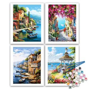 4pcs Paint By Numbers Kit for Adults Beginners -16x20in/40x50cm Color Canvas, Easy DIY Seaside Scenery Acrylic Painting Set, Artist Paint Brushes - Wall Decor for Home, Gift for Birthday, Mother's Day and Christmas, Without Frame