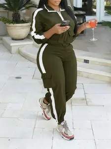 Women Two Piece Workwear Sport Set Long Sleeve Zipper Windbreaker Jacket High Waist Multi Pocket Cargo Pants 2026 Colorblock Activewear Tracksuits Athleisure