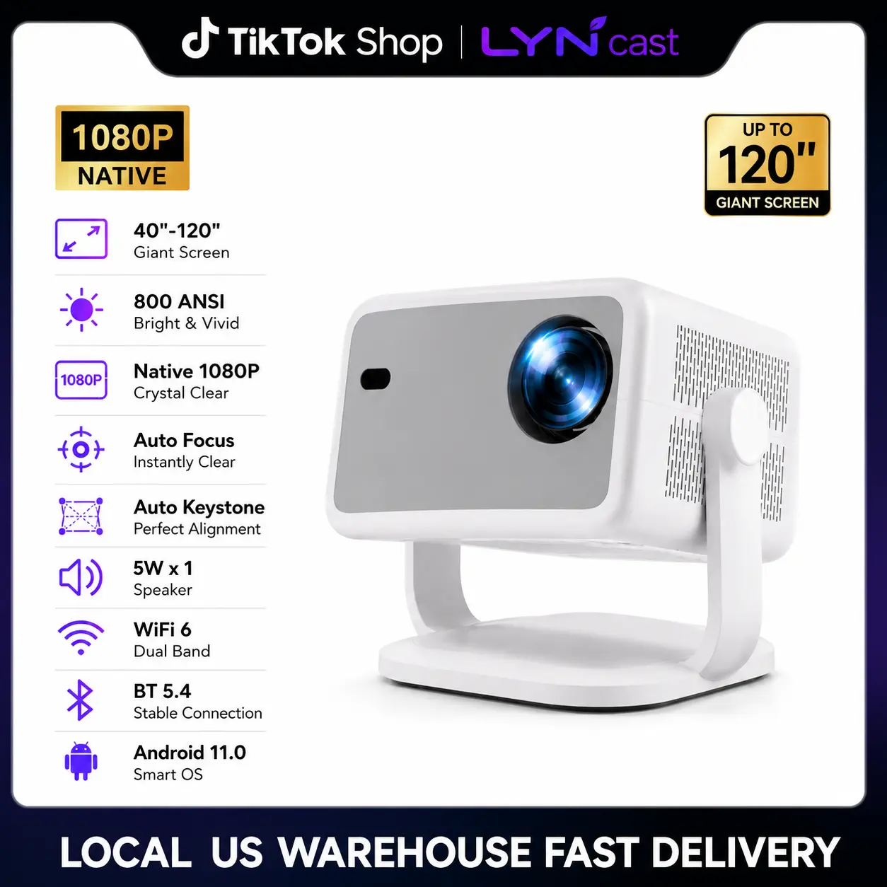 Lyncast L018 Smart HD LCD Movie Projector - Native 1080P, 800 ANSI Lumens, Auto Focus, WiFi 6, Android 14, Bluetooth, Built-in Audio, LED Pico, Portable Audio Projector, Tabletop, Remote Control, 1.3kg