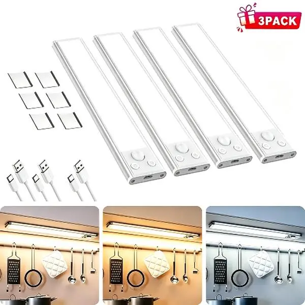 Under Cabinet Lighting, 68LED 1800mAh Motion Sensor Lights Indoor, 3 Color Wireless Dimmable Rechargeable Battery Operated Closet Lights, Magnetic Under Counter Light Fixture for Kitchen Stair Led Strip fathersdaygifts