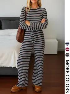 Women's Vintage Striped Knit Set, Fitted Long Sleeve Top & Wide Leg Pants Two-Piece, Casual Home Wear, 2 Piece Set, Airport Outfit, Womenswear, Lady Clothes