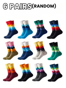 Fashionable Style Gradient Color Diamond Pattern Mid-Calf Socks, 6 Pairs Random Pack, Comfortable Breathable, Fit, Unisex, Suitable for Everyday Commute