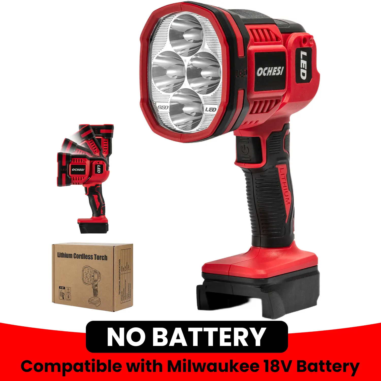 【No Batteries】Cordless LED work light compatible with Milwaukee Battery, 1500LM Handheld Spotlight with 550 Yard Distance, Flashing mode and Pivoting Head for Workshop, Camping, Jobsites (Battery Not Included)