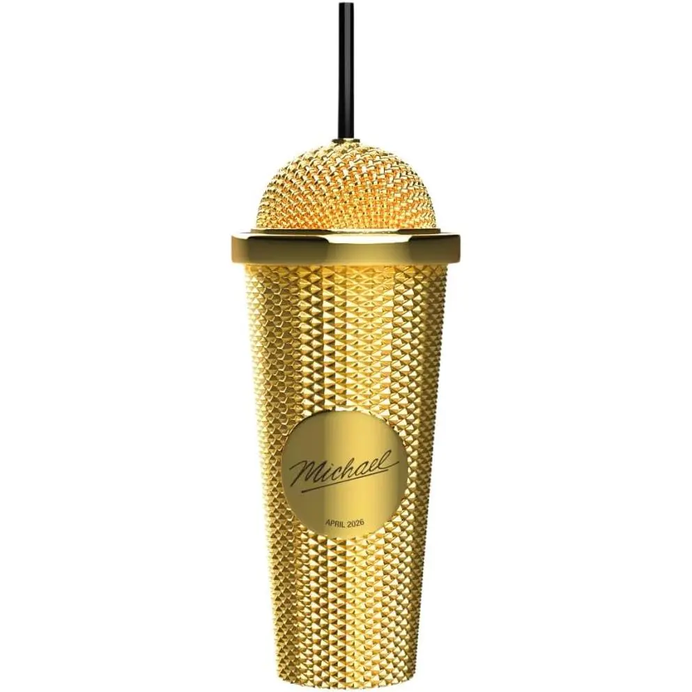 Gold Cylindrical Movie-Inspired Microphone Collectible Plastic Vacuum Flask Tumbler - Leak-Proof, Double-Wall Insulated, Portable Travel Mug with Lid, Protective Box - Single Unit 500-1000 ml Reusable Kitchenware for Adults, Birthdays
