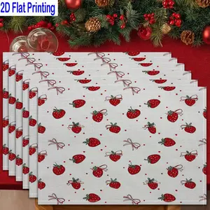 1PC/4Pcs/6Pcs 2D Flat Printed Red Strawberry Bows Pattern Summer Theme Table Mats, Placemats, Heat-resistant Kitchen Table Mats, Home Restaurant Table Mats, Outdoor Picnic Table Cloth Mats, Etc