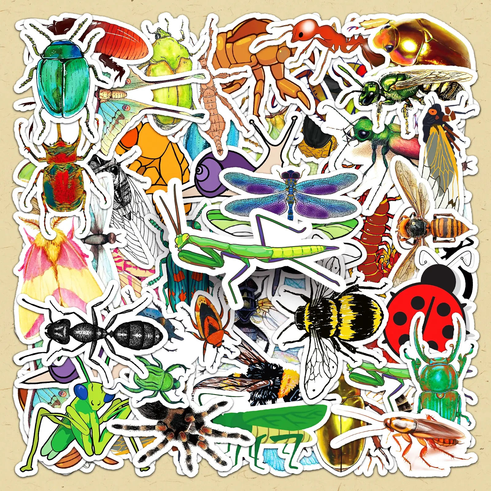 Insect Pattern Sticker, 100pcs/set Cartoon Creative Nature Doodle Sticker, DIY Decorative Funny Stickers for Scrapbooking & Journal Making, Decal Sticker