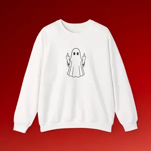 Spooky Ghost Middle Finger Sweatshirt, Halloween Crewneck Jumper, Funny Ghost Flip Off Pullover, Rude Ghost Sweatshirt, Ghost Obscene