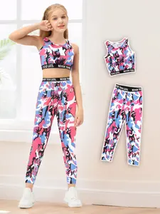 Girls Camouflage Yoga Set Breathable Athletic Short Sleeve Top with Leggings Summer Activewear