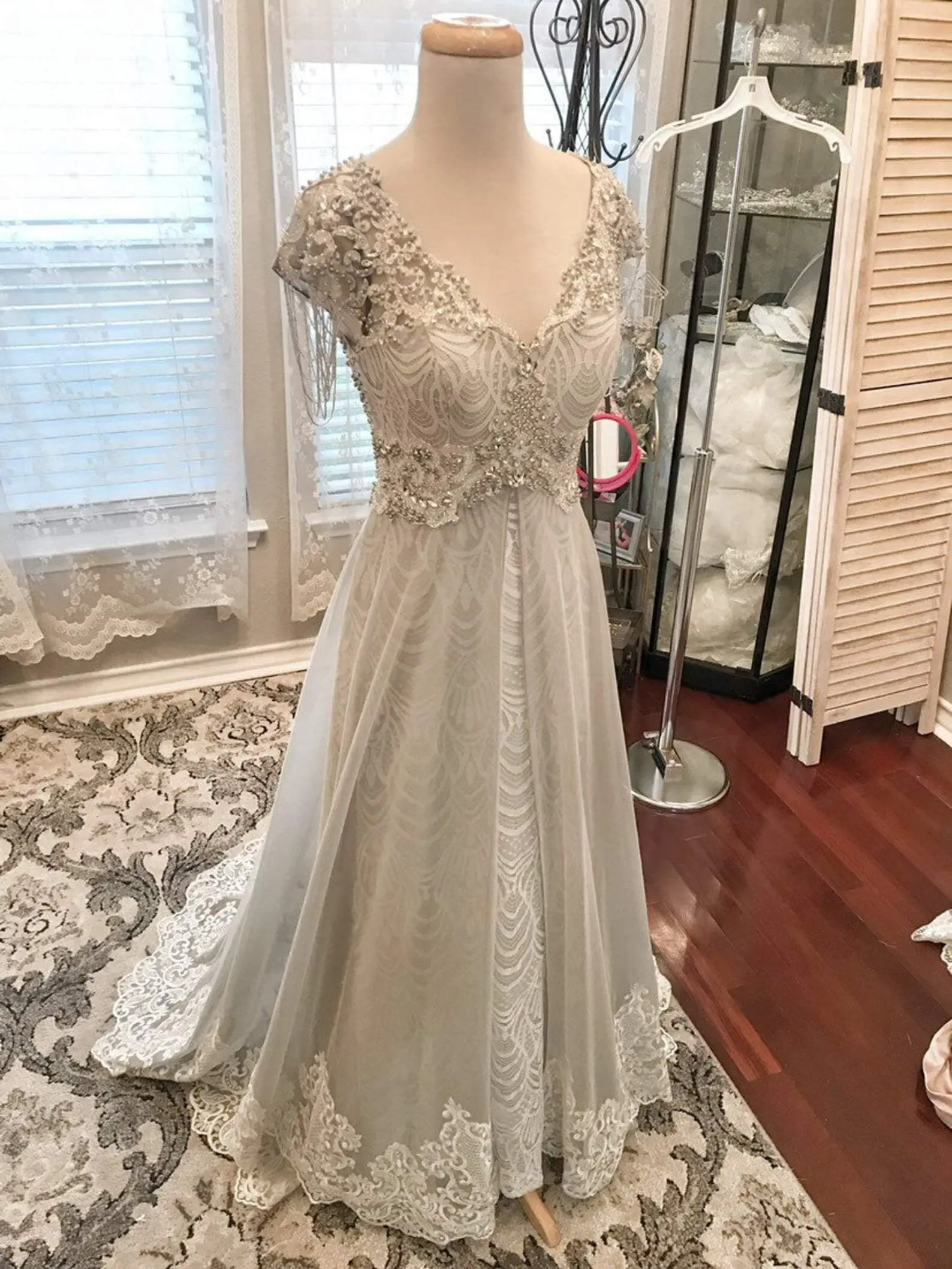 Women's Vintage Crepe & Lace Sheath Wedding Gown for Women's Clothes - Cap Sleeves, Pearl Beading, Permanent Chiffon Overskirt, Sweep Train, Zipper Back, Made To Order